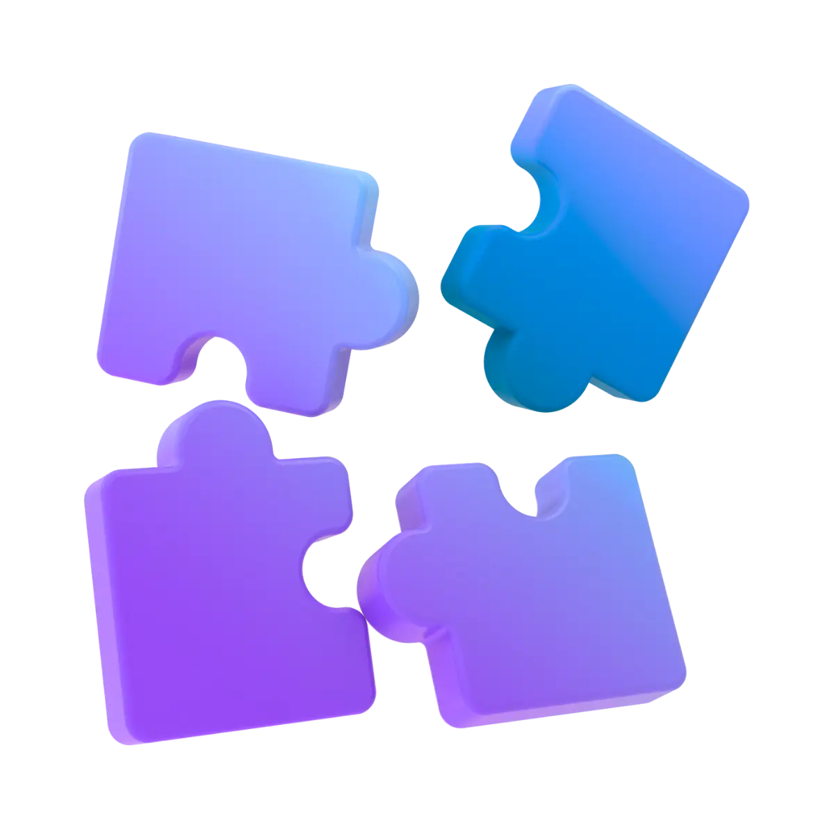 Beatrix Konnect Four glossy, gradient-colored puzzle pieces in shades of blue and purple are arranged on a white background, appearing as if they could fit together.