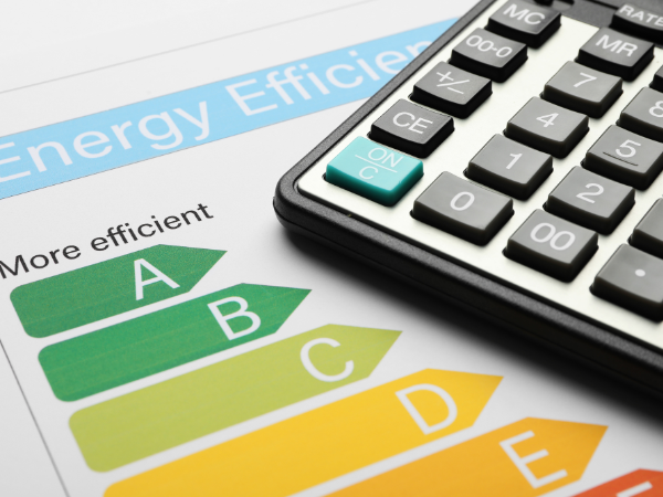 Beatrix Konnect A calculator rests on a paper showing an energy efficiency rating chart, with categories labeled A to E in green to yellow, symbolizing levels from more efficient to less efficient.